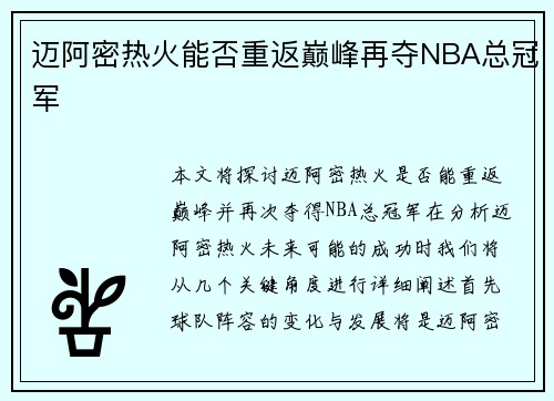 迈阿密热火能否重返巅峰再夺NBA总冠军